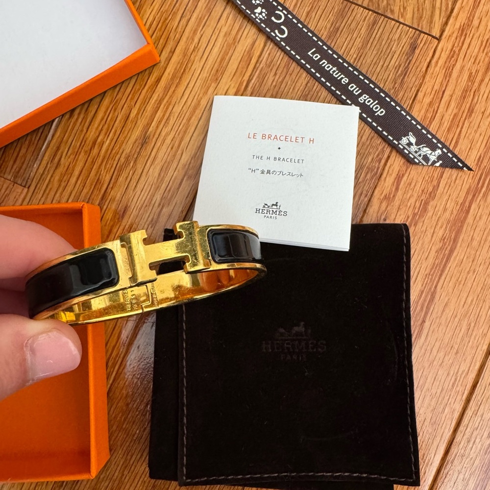 Authentic Hermes Chic H Black and Gold Enamel Bangle Bracelet